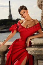 Glamorous Long Red A-line Off-the-shoulder Ruffles Prom Dress with Slit