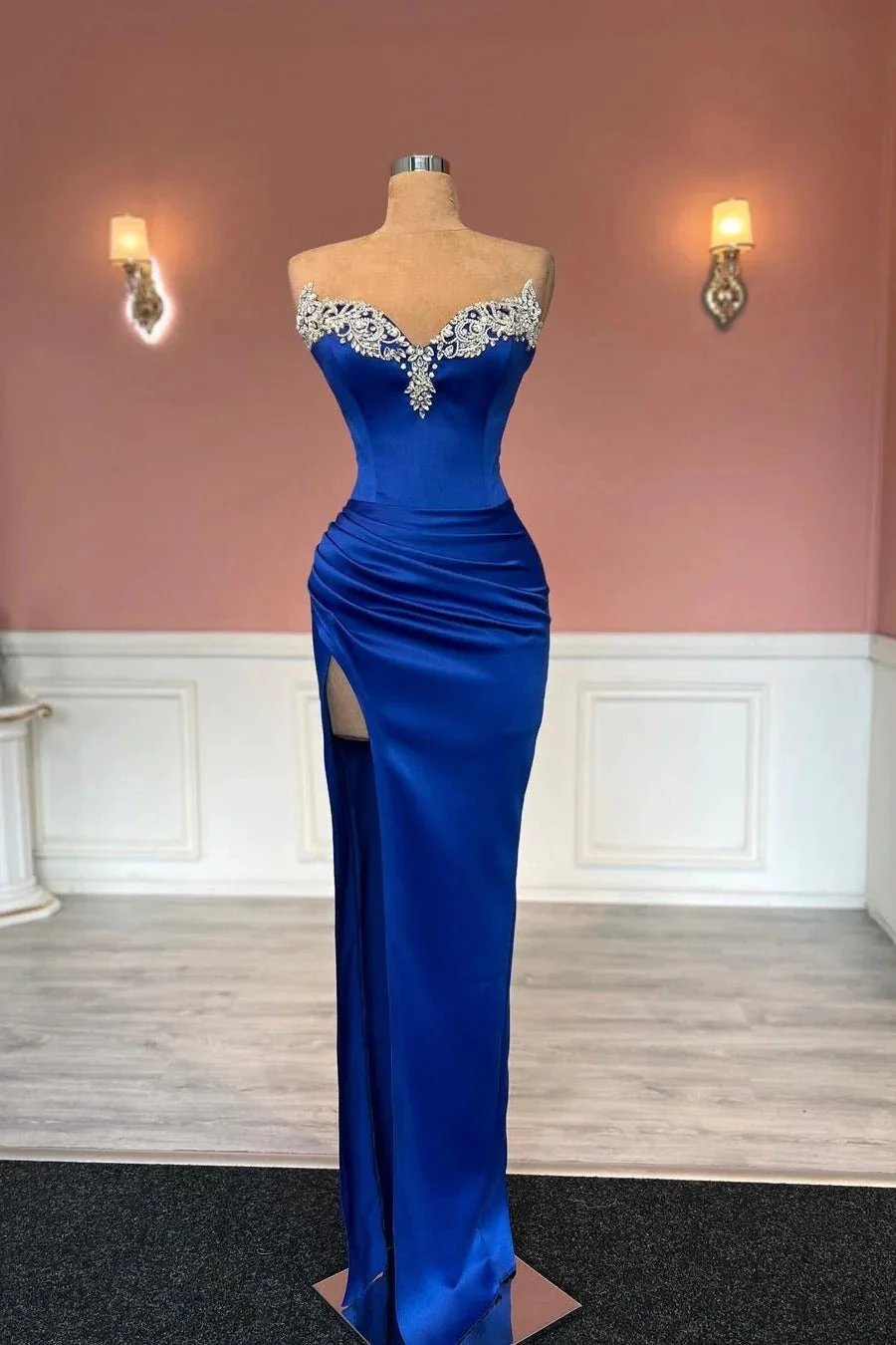 Glamorous Long Royal Blue Column Jewels Strapless Prom Dress With Slit
