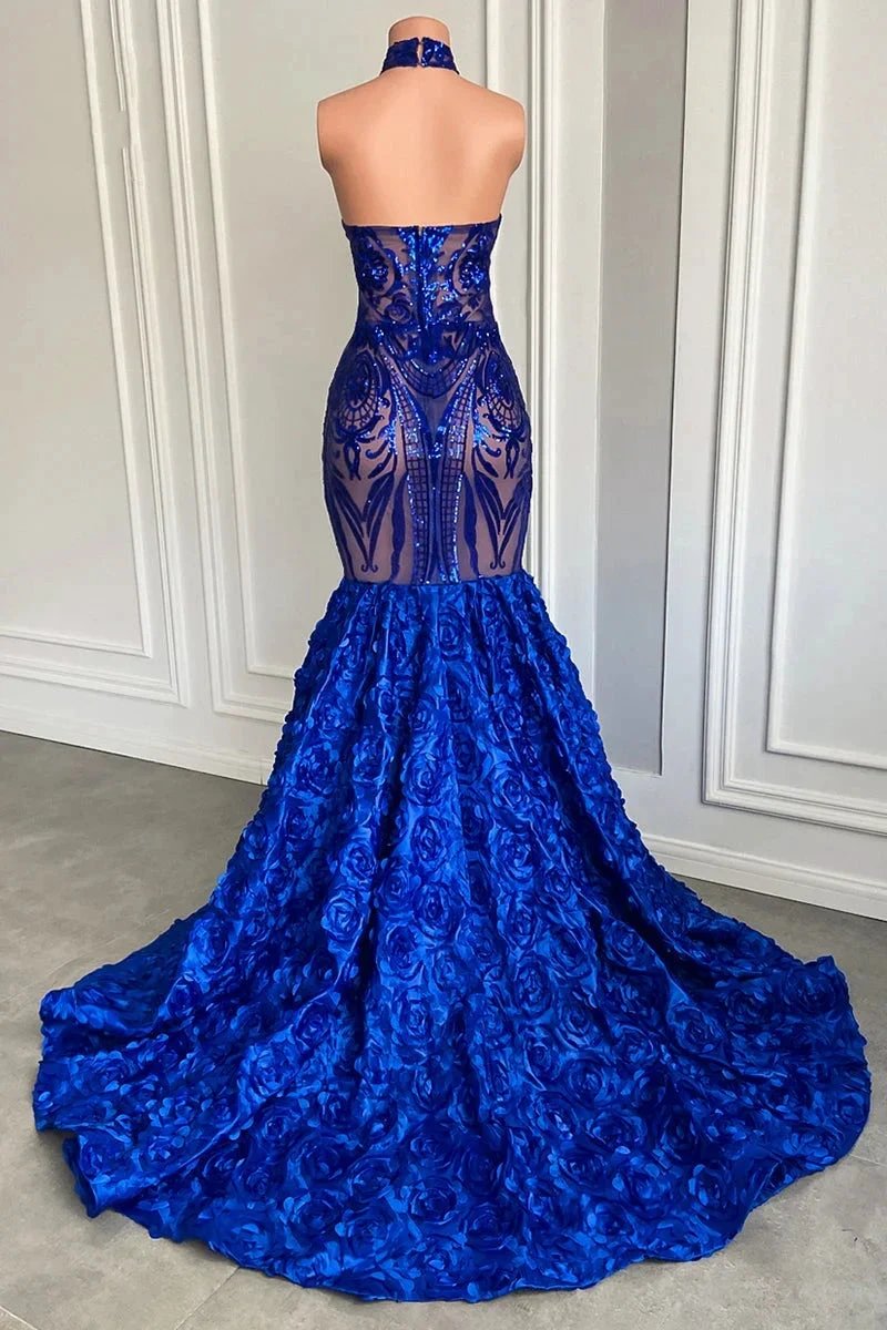 Glamorous Long Royal Blue Halter Lace Flowers Sleeveless Mermaid Prom Dress