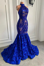 Glamorous Long Royal Blue Halter Lace Flowers Sleeveless Mermaid Prom Dress