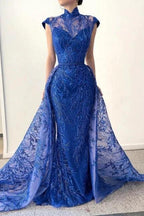 Glamorous Long Royal Blue High Neck Lace Sleeveless Prom Dress With Detachable Train