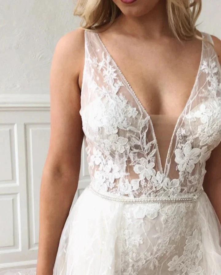 Glamorous Long Straps V-Neck Lace Mermaid Detachable Wedding Dresses