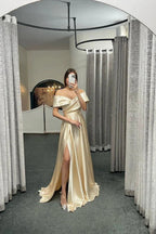 Glamorous Off The Shoulder Ruby Split Ruffles A-Line Prom Dresses