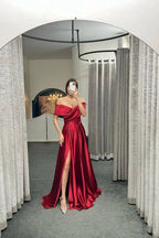 Glamorous Off The Shoulder Ruby Split Ruffles A-Line Prom Dresses