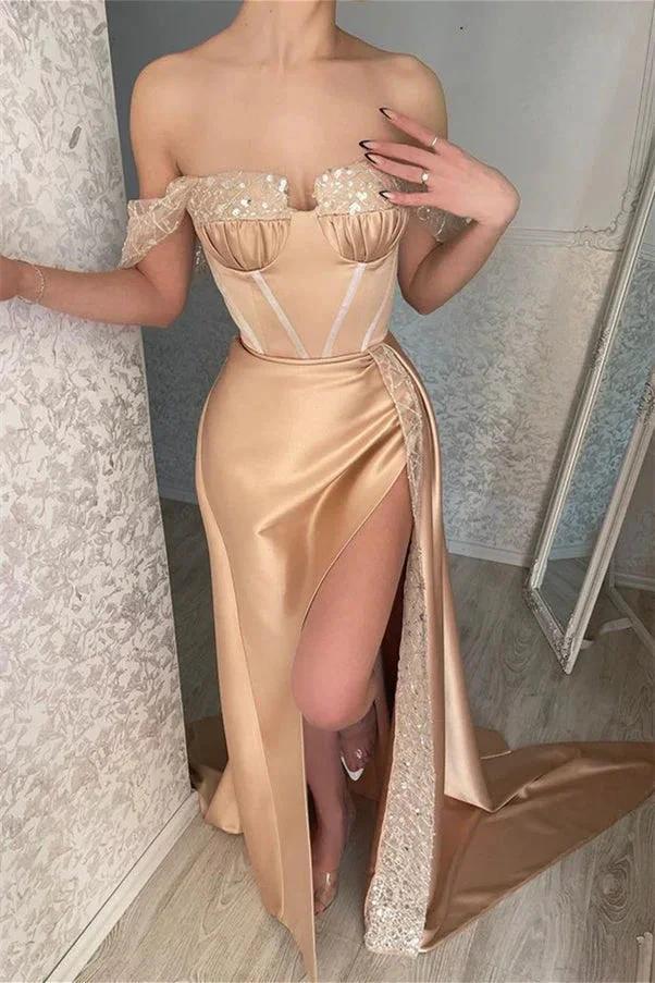 Glamorous Off-the-shoulder Sequined Sleeveless Mermaid Prom Dress With Slit