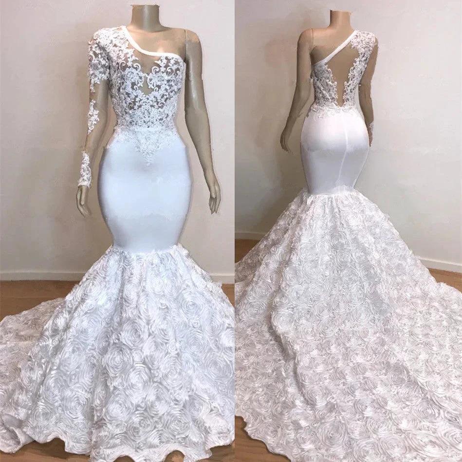 Glamorous One Shoulder Long Sleeve White Prom Dress