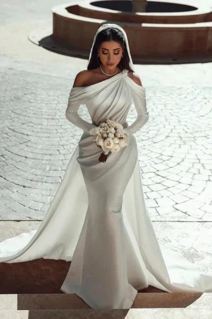 Glamorous one shoulder long sleeves mermaid satin Wedding dress with ruffles