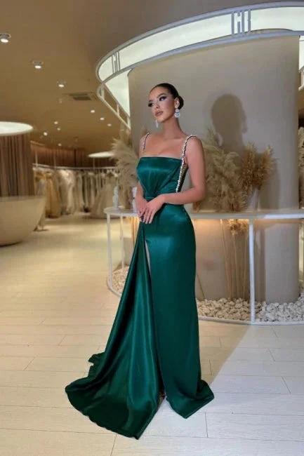 Glamorous spaghetti straps sleeveless a-line satin prom dresses sequined