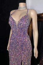 Glamorous Spaghetti Straps V-neck Sequined Sleeveless Prom Dress With Slit