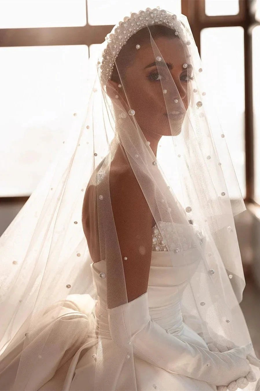Glamorous White A-line Beading Satin Wedding Dress With Train