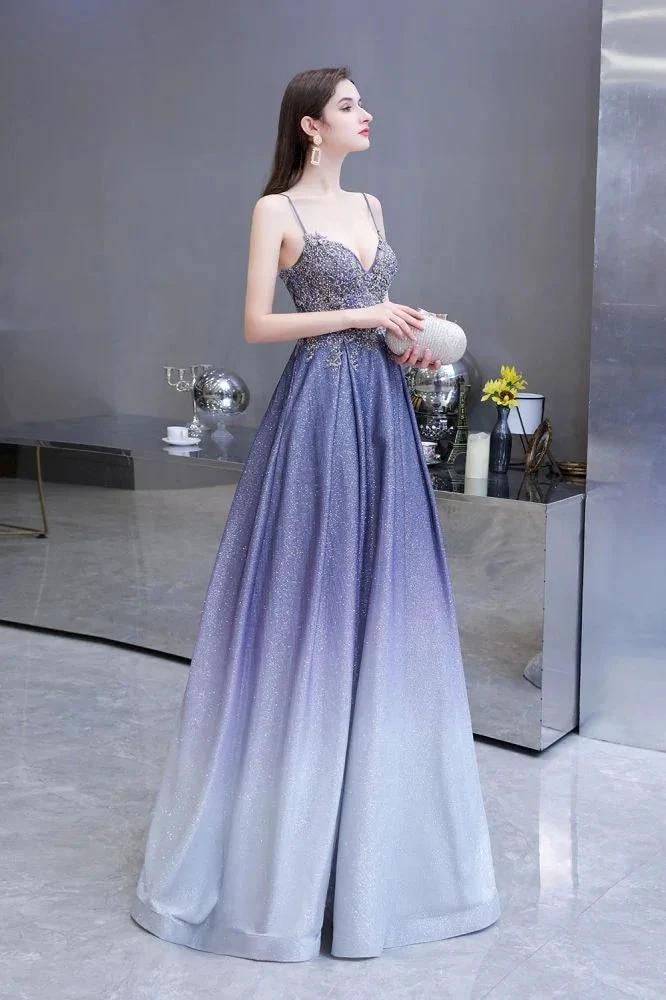 Glamous Spaghetti Ombre Purple Sparkly A-line Party Dress