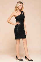 Glitter Black Sequins One Shoulder Mini Party Dress Short Cocktail Dress