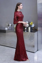 Glitter Half Sleeves Key hole Mermaid Party Dress Burgundy