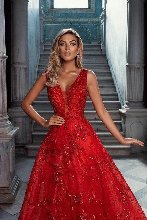 Glitter Long A-line V-neck Lace Tulle Red Prom Dress