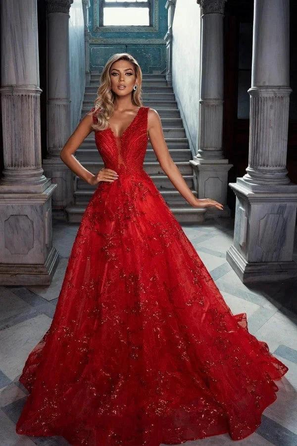 Glitter Long A-line V-neck Lace Tulle Red Prom Dress