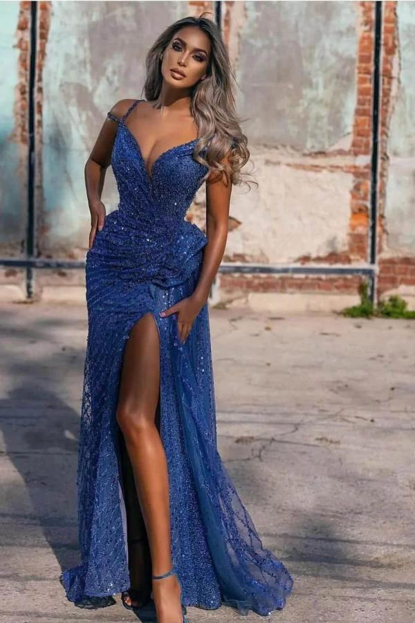 Glitter Long Mermaid Off the Shoulder Sequins Formal Evening Dresses with Slit