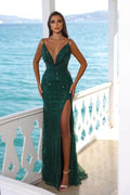 Glitter Long Mermaid V-Neck Sleeveless Sequins Prom Dress with Slit