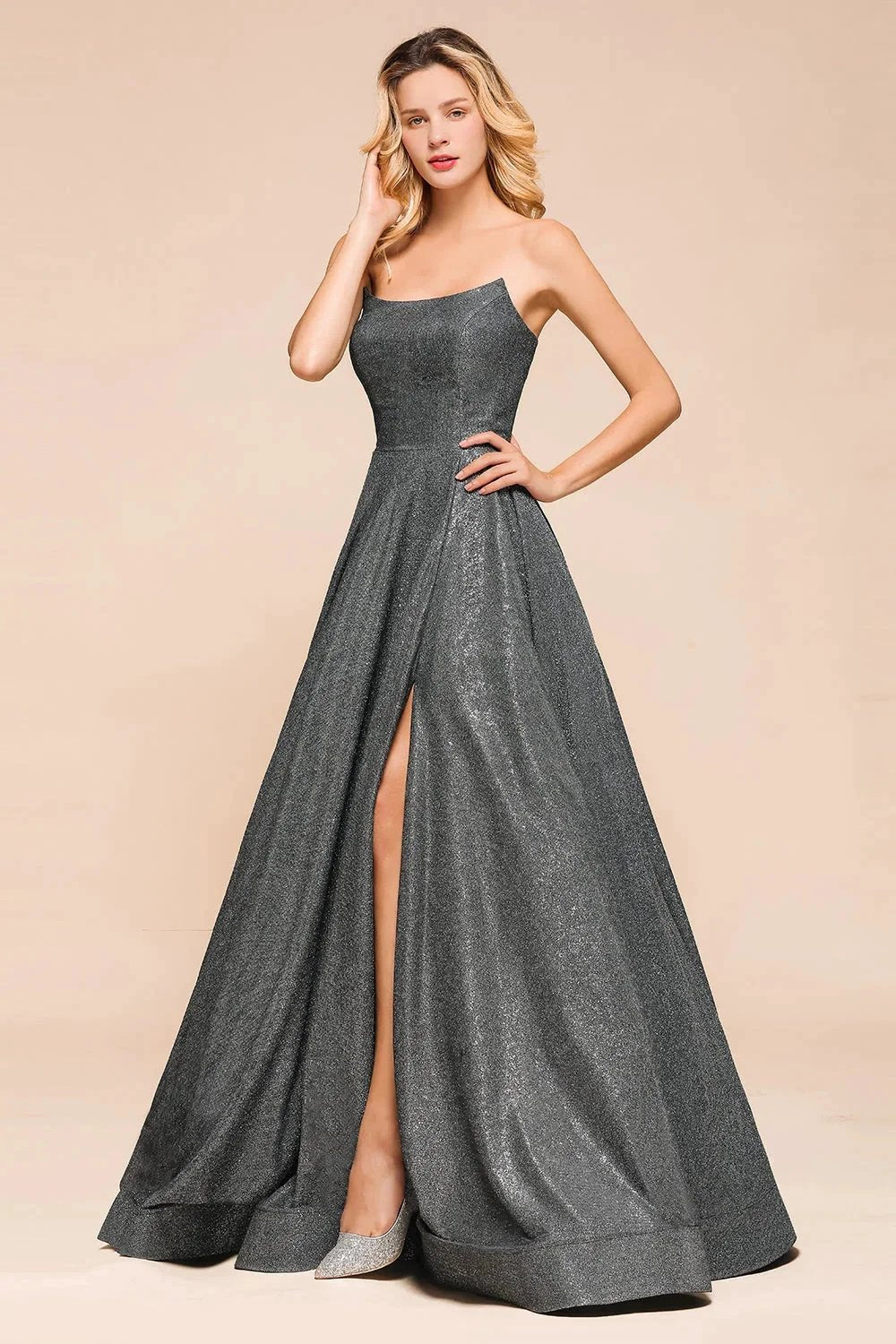 Glitter Strapless Backless Split Long Prom Dress