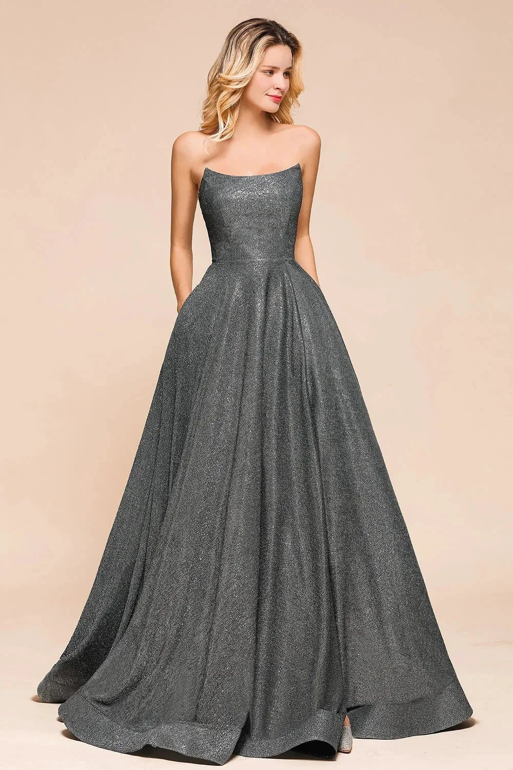 Glitter Strapless Backless Split Long Prom Dress