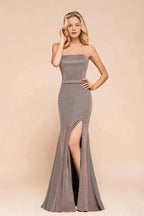 Glitter Strapless Floor Length Prom Dress Sleeveless Split Slit Evening Gown