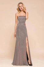 Glitter Strapless Floor Length Prom Dress Sleeveless Split Slit Evening Gown