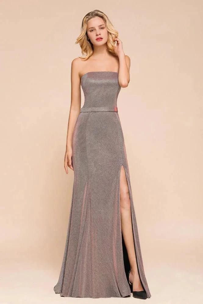 Glitter Strapless Floor Length Prom Dress Sleeveless Split Slit Evening Gown