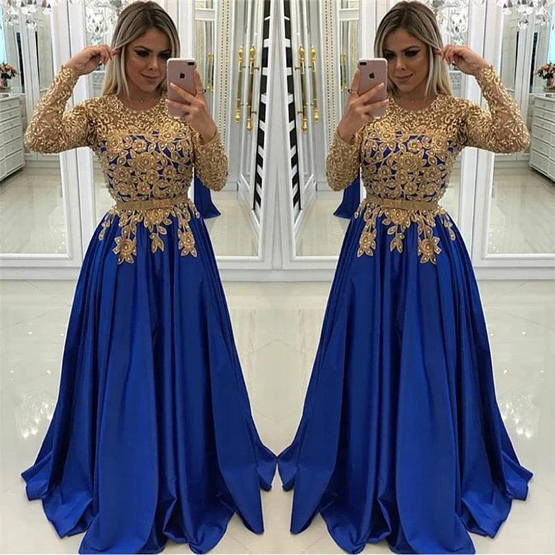 Gold Beads Lace Appliques Evening Dress with Sleeves
