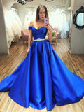 Gorgeous A-line Off the Shoulder Satin Long Prom Dresses Royal Blue Formal Evening Dresses