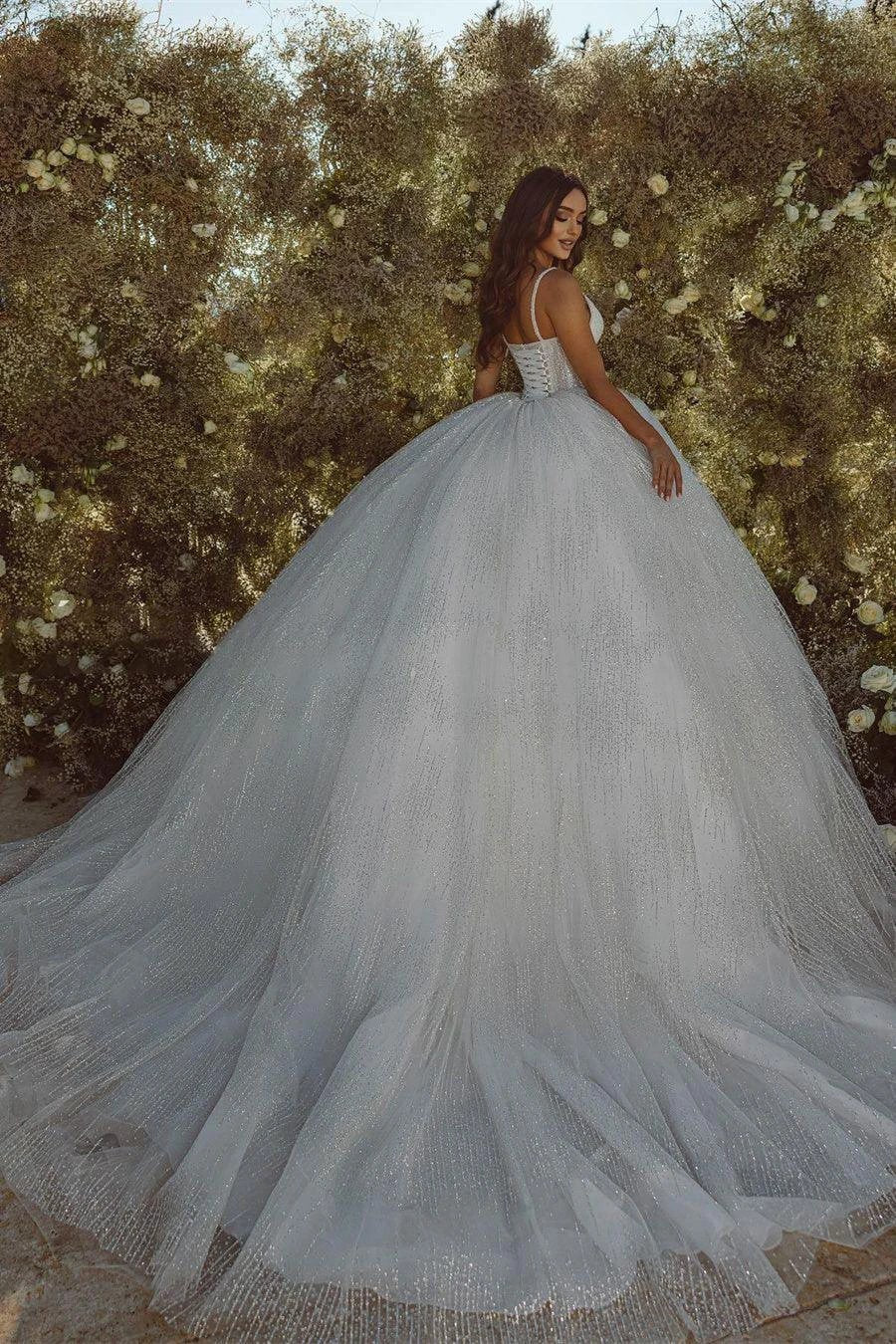 Gorgeous A-line Spaghetti Straps Sequined Lace Tulle Wedding Dress