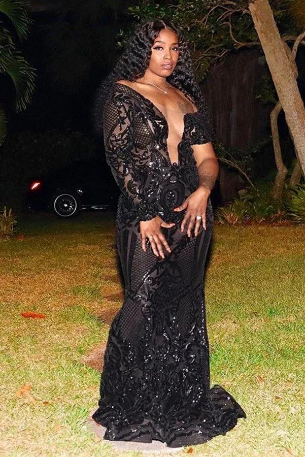 Gorgeous Black Long Mermaid One Shoulder Tulle Lace Prom Dress with Sleeves