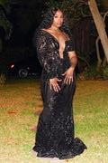 Gorgeous Black Long Mermaid One Shoulder Tulle Lace Prom Dress with Sleeves
