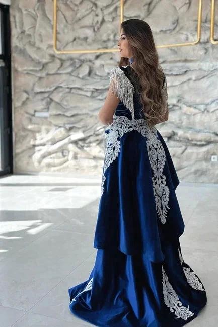 Gorgeous Blue Sweetheart Column Appliques Sleeveless Split Front Floor-length Prom Dresses with Train