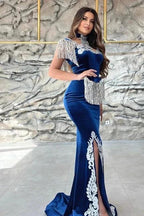 Gorgeous Blue Sweetheart Column Appliques Sleeveless Split Front Floor-length Prom Dresses with Train