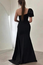 Gorgeous Column Satin One Shoulder Sleeveless Prom Dresses With Sequined Split