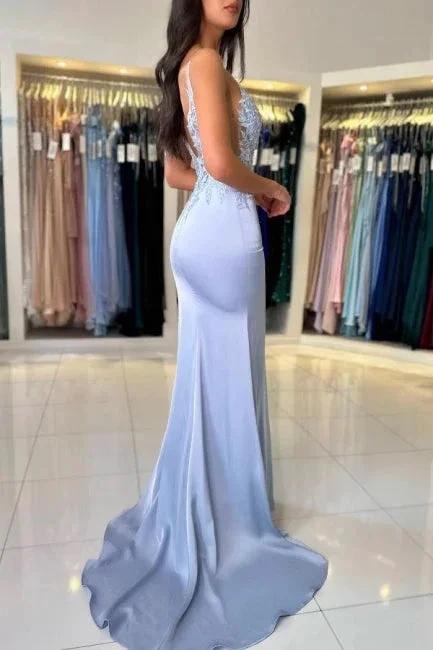 Gorgeous Column Satin Spaghetti Straps Sleeveless Prom Dress With Appliques Split