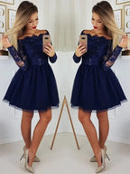 Gorgeous Dark Blue Sequins Short Prom Dresses with Sleeves
