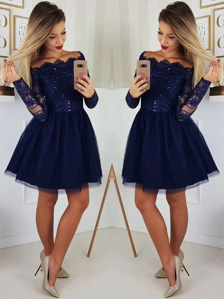 Gorgeous Dark Blue Sequins Short Prom Dresses with Sleeves