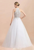 Gorgeous Halter Rhinstones Wedding Dress White Tulle Lace Appliques Aline Bridal Gown