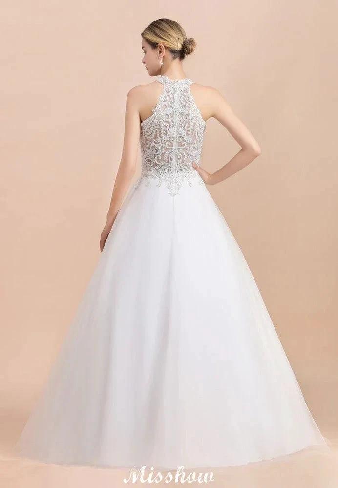 Gorgeous Halter Rhinstones Wedding Dress White Tulle Lace Appliques Aline Bridal Gown