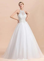 Gorgeous Halter Rhinstones Wedding Dress White Tulle Lace Appliques Aline Bridal Gown