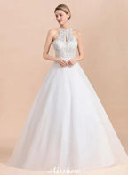 Gorgeous Halter Rhinstones Wedding Dress White Tulle Lace Appliques Aline Bridal Gown
