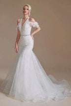 Gorgeous Halter Sleeveless Mermaid Floor-Length Tulle Wedding Dresses with Applique