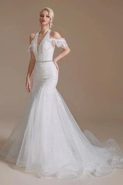 Gorgeous Halter Sleeveless Mermaid Floor-Length Tulle Wedding Dresses with Applique
