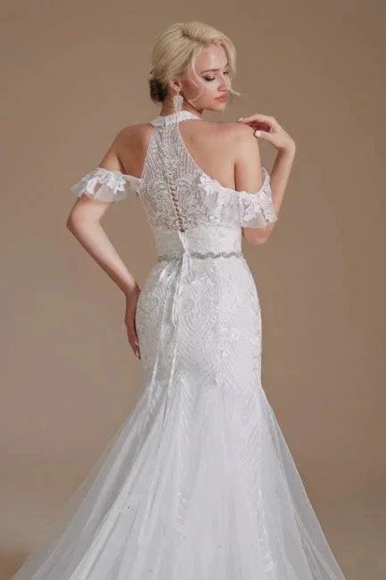 Gorgeous Halter Sleeveless Mermaid Floor-Length Tulle Wedding Dresses with Applique