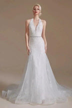 Gorgeous Halter Sleeveless Mermaid Floor-Length Tulle Wedding Dresses with Applique