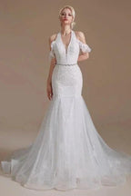 Gorgeous Halter Sleeveless Mermaid Floor-Length Tulle Wedding Dresses with Applique