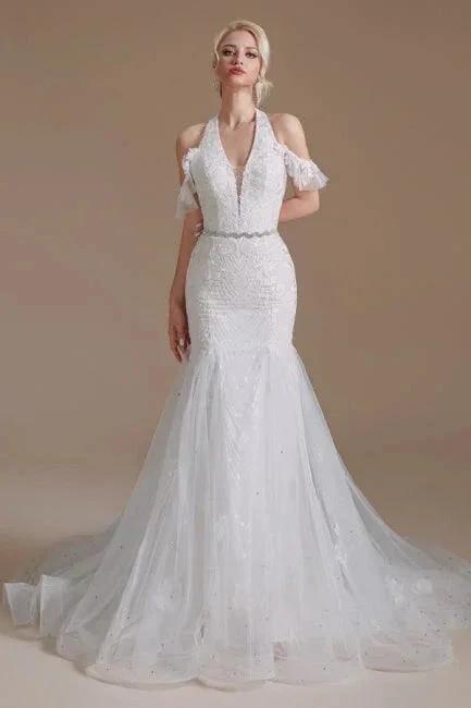 Gorgeous Halter Sleeveless Mermaid Floor-Length Tulle Wedding Dresses with Applique