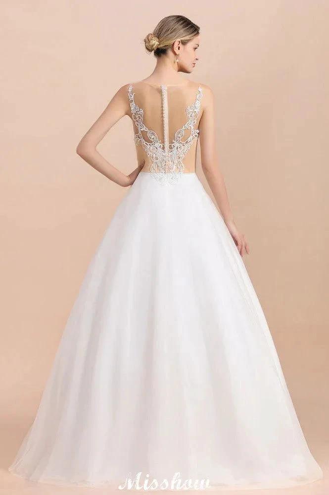 Gorgeous Illusion Neck Button Sleeveless White Ball Gown Wedding Dress