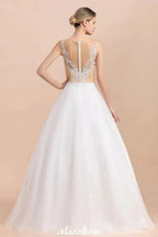 Gorgeous Illusion Neck Button Sleeveless White Ball Gown Wedding Dress