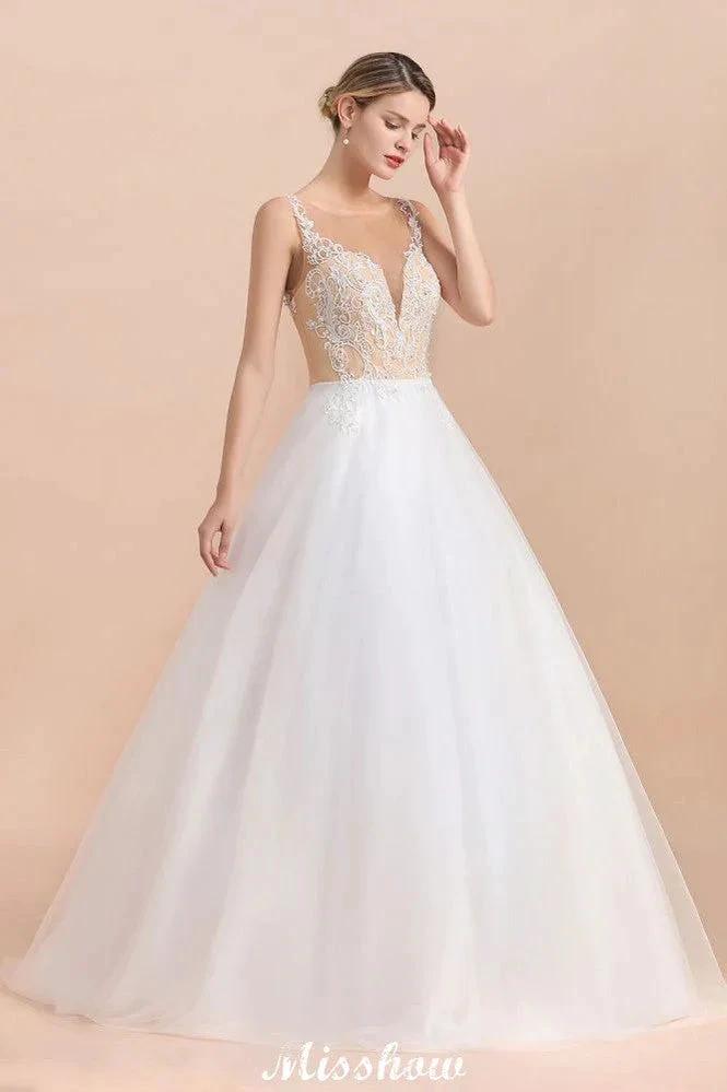 Gorgeous Illusion Neck Button Sleeveless White Ball Gown Wedding Dress
